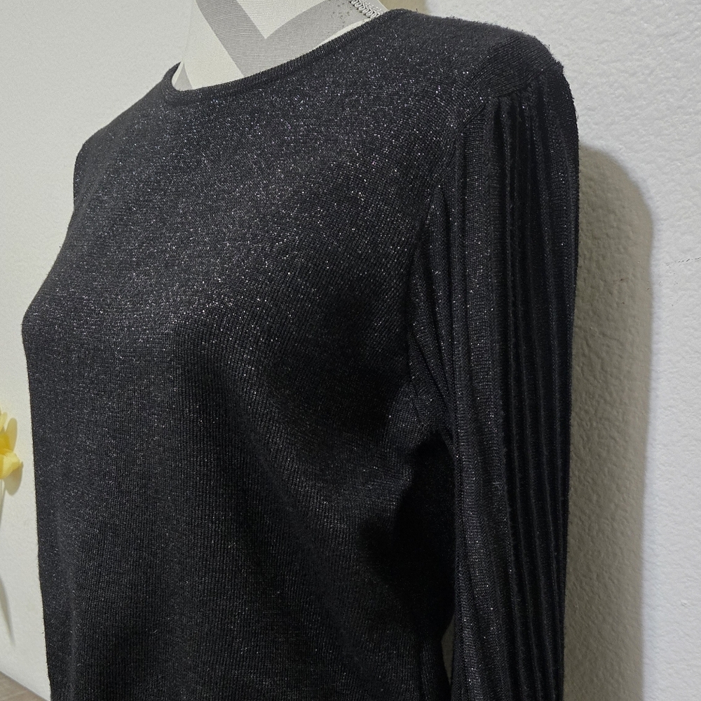 Nanette Lepore Black and Silver Sparkle Knit Sweater Ribbed Sleeves Size Large - Picture 3 of 14